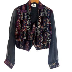 Byer California Sheer Sleeve Maximal Print Dressy Bold Art To Wear Top Medium